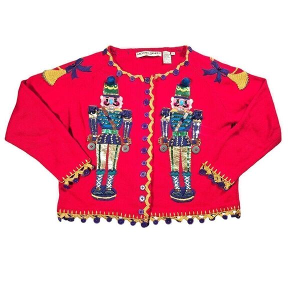 Vtg 1996 Michael Simon Christmas Sweater Size Medium‎ Red Nutcracker Flawed - Picture 1 of 12